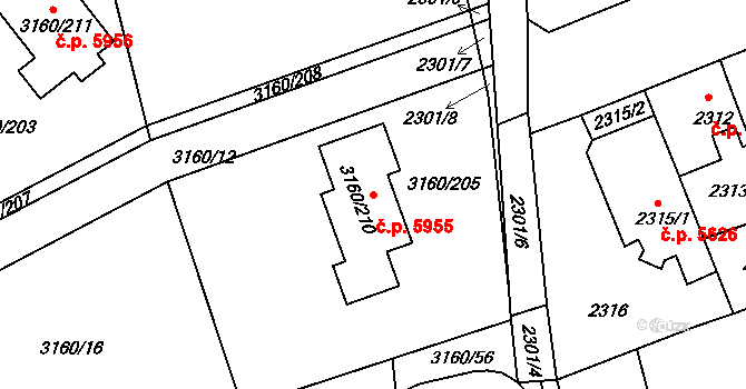 Chomutov 5955 na parcele st. 3160/210 v KÚ Chomutov II, Katastrální mapa