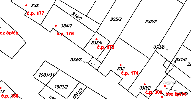 Pouzdřany 172 na parcele st. 335/4 v KÚ Pouzdřany, Katastrální mapa