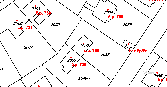 Roztoky 738 na parcele st. 2037 v KÚ Roztoky u Prahy, Katastrální mapa