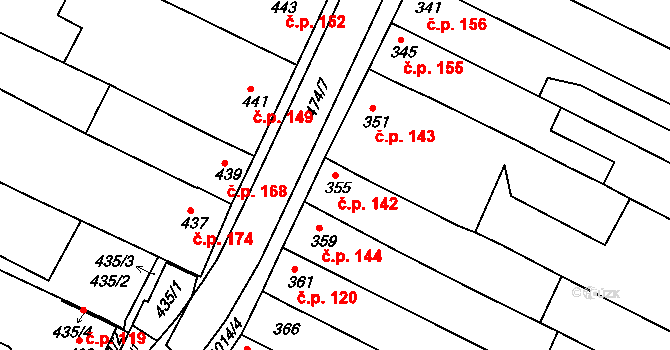 Milokošť 142, Veselí nad Moravou na parcele st. 355 v KÚ Milokošť, Katastrální mapa