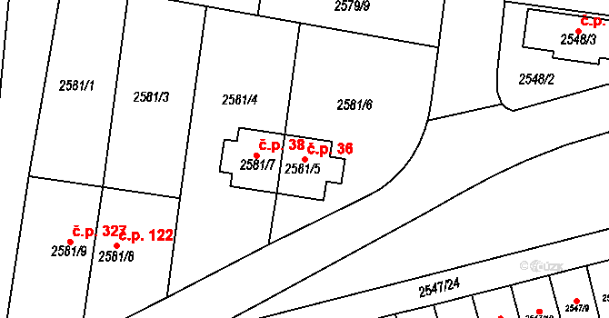 Nosálovice 36, Vyškov na parcele st. 2581/5 v KÚ Vyškov, Katastrální mapa