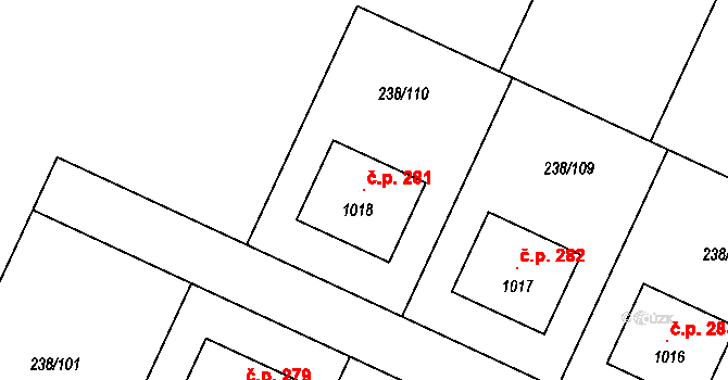 Horoušany 281 na parcele st. 1018 v KÚ Horoušany, Katastrální mapa