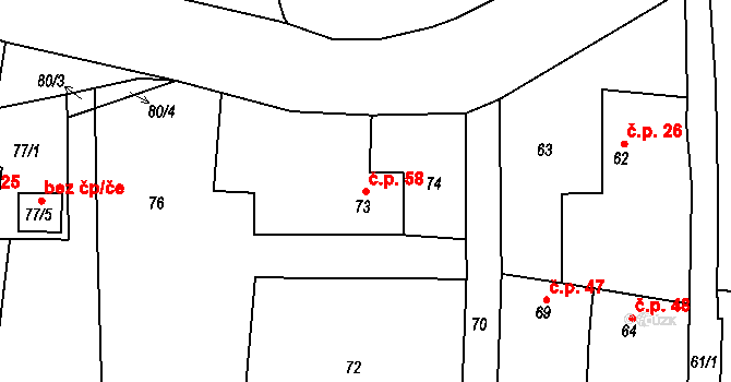 Hřibsko 58, Stěžery na parcele st. 73 v KÚ Hřibsko, Katastrální mapa