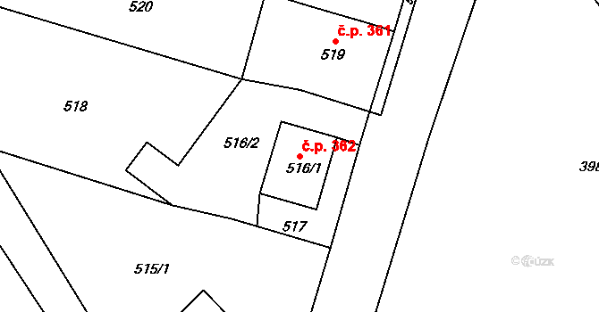 Mariánské Údolí 362, Hlubočky na parcele st. 516/1 v KÚ Hlubočky, Katastrální mapa