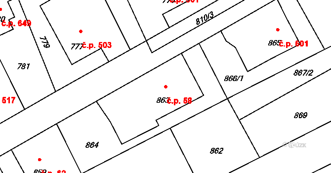 Lutyně 58, Orlová na parcele st. 863 v KÚ Horní Lutyně, Katastrální mapa