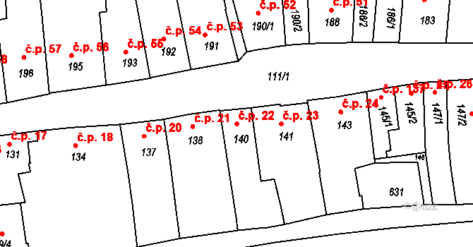 Zámostí 22, Třebíč na parcele st. 140 v KÚ Podklášteří, Katastrální mapa