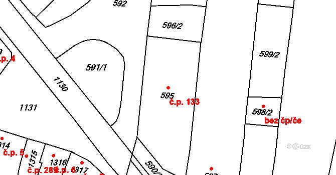 Tuřany 133, Brno na parcele st. 595 v KÚ Tuřany, Katastrální mapa