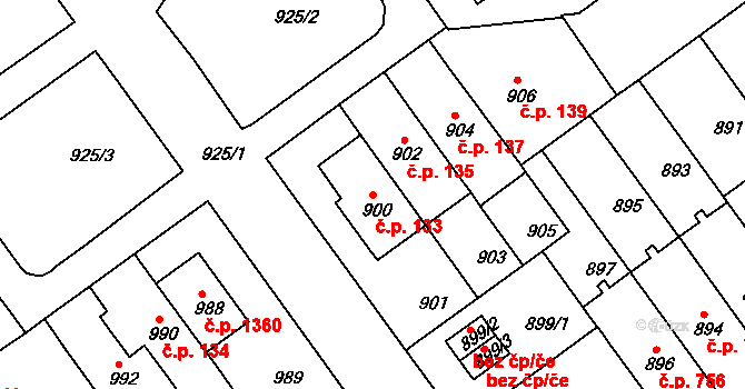Černá Pole 133, Brno na parcele st. 900 v KÚ Černá Pole, Katastrální mapa