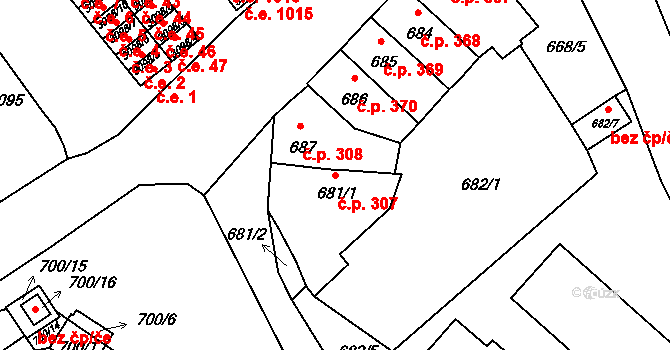 Pelhřimov 307 na parcele st. 681/1 v KÚ Pelhřimov, Katastrální mapa
