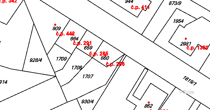 Litovel 286 na parcele st. 660 v KÚ Litovel, Katastrální mapa