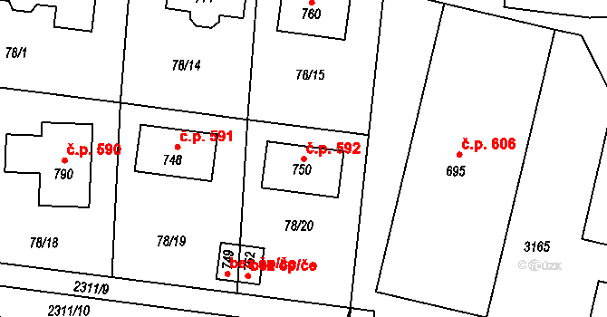 Černilov 592 na parcele st. 750 v KÚ Černilov, Katastrální mapa