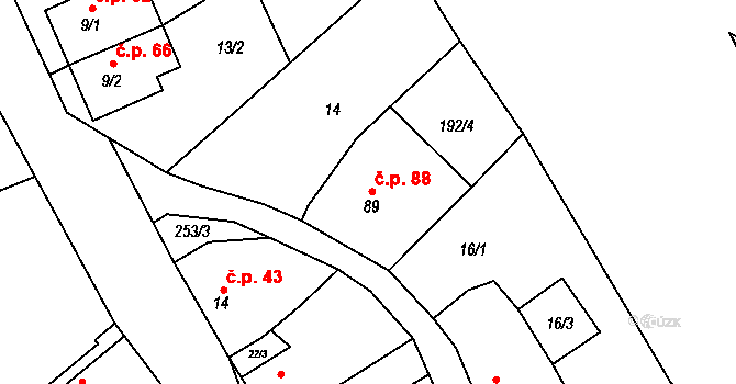 Žabonosy 88 na parcele st. 89 v KÚ Žabonosy, Katastrální mapa
