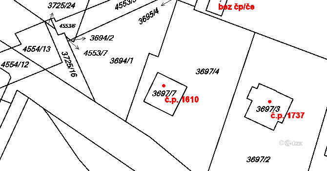 Horní Počernice 1610, Praha na parcele st. 3697/7 v KÚ Horní Počernice, Katastrální mapa