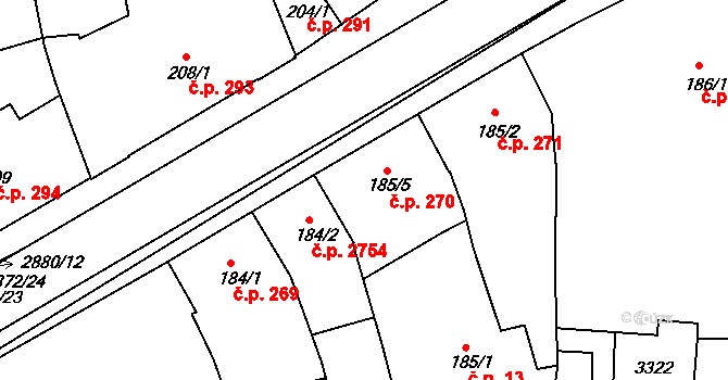 Hodonín 270 na parcele st. 185/5 v KÚ Hodonín, Katastrální mapa