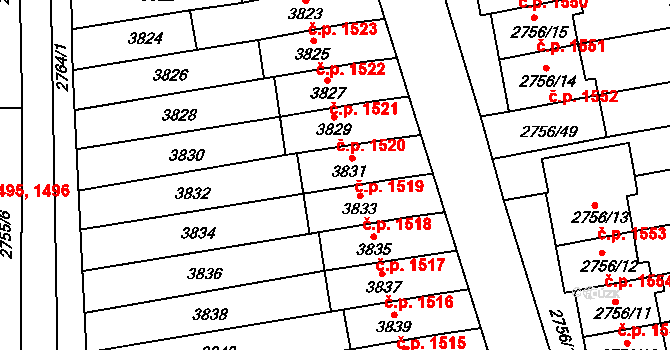 Šlapanice 1519 na parcele st. 3831 v KÚ Šlapanice u Brna, Katastrální mapa