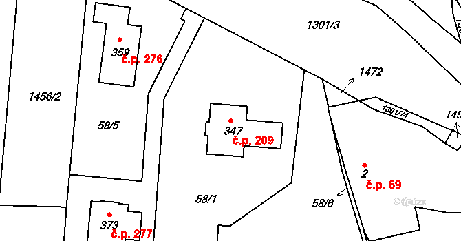 Vysoká nad Labem 209 na parcele st. 347 v KÚ Vysoká nad Labem, Katastrální mapa