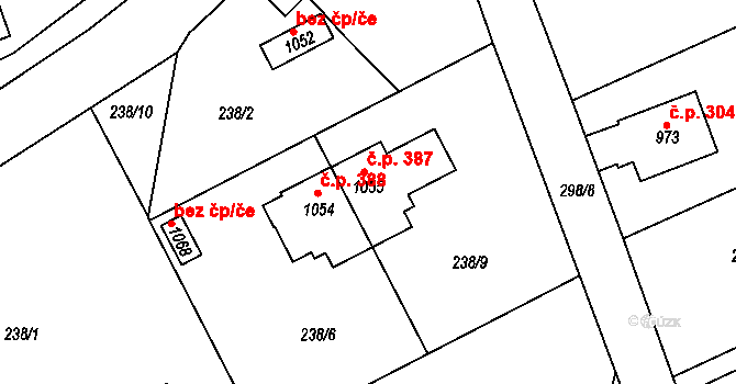 Brandýsek 387 na parcele st. 1055 v KÚ Brandýsek, Katastrální mapa