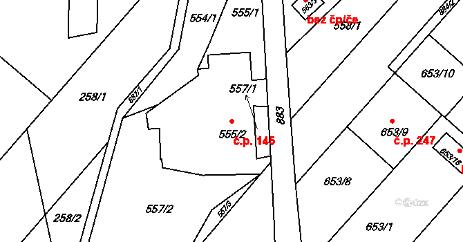 Lhotka 145, Ostrava na parcele st. 555/2 v KÚ Lhotka u Ostravy, Katastrální mapa
