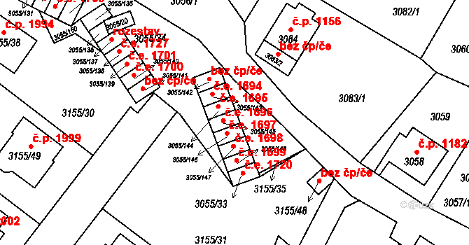 Děčín VI-Letná 1696, Děčín na parcele st. 3055/145 v KÚ Podmokly, Katastrální mapa