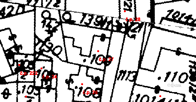 Hrochův Týnec 27 na parcele st. 109 v KÚ Hrochův Týnec, Katastrální mapa