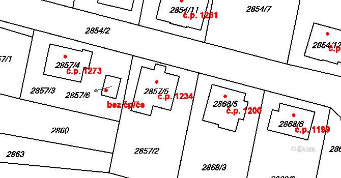 Třešť 1234 na parcele st. 2857/5 v KÚ Třešť, Katastrální mapa