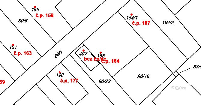 Horní Počaply 164 na parcele st. 165 v KÚ Horní Počaply, Katastrální mapa