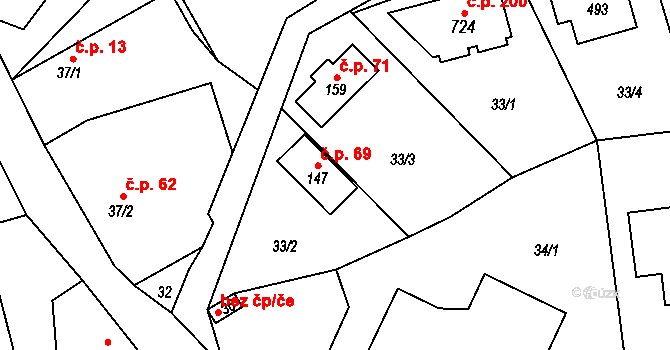Černolice 69 na parcele st. 147 v KÚ Černolice, Katastrální mapa