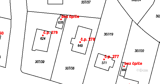 Štěchovice 278 na parcele st. 649 v KÚ Štěchovice u Prahy, Katastrální mapa