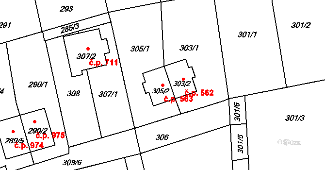 Průhonice 563 na parcele st. 305/2 v KÚ Průhonice, Katastrální mapa