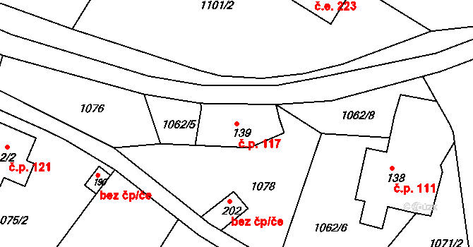 Suchý Důl 117 na parcele st. 139 v KÚ Suchý Důl, Katastrální mapa