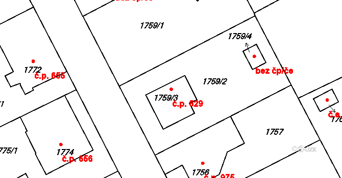 Kopřivnice 629 na parcele st. 1759/3 v KÚ Kopřivnice, Katastrální mapa