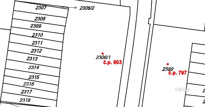Hustopeče 803 na parcele st. 2306/1 v KÚ Hustopeče u Brna, Katastrální mapa