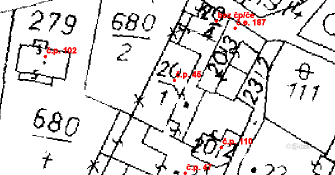 Opatovice I 45 na parcele st. 20/1 v KÚ Opatovice I, Katastrální mapa