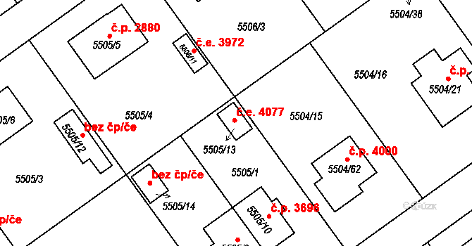 Jihlava 4077 na parcele st. 5505/13 v KÚ Jihlava, Katastrální mapa