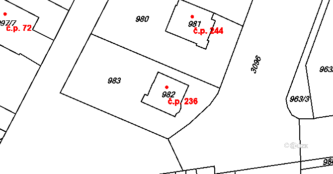 Lyžbice 236, Třinec na parcele st. 982 v KÚ Lyžbice, Katastrální mapa