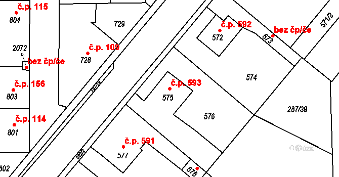 Vinařice 593 na parcele st. 575 v KÚ Vinařice u Kladna, Katastrální mapa