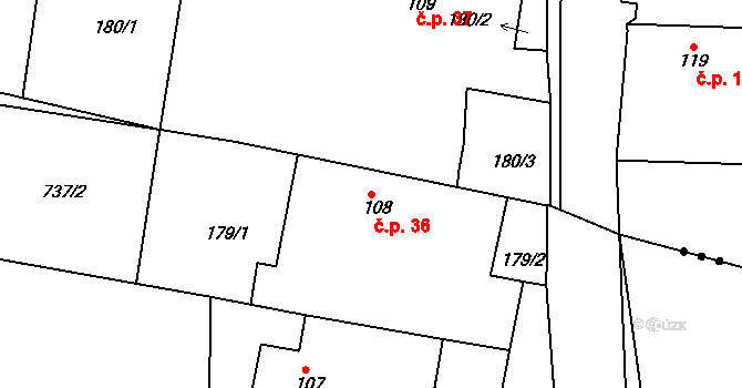 Předměřice nad Labem 36 na parcele st. 108 v KÚ Předměřice nad Labem, Katastrální mapa