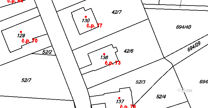Milovice u Hořic 73 na parcele st. 136 v KÚ Milovice u Hořic, Katastrální mapa