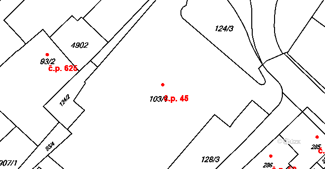 Rožnov pod Radhoštěm 45 na parcele st. 103/1 v KÚ Rožnov pod Radhoštěm, Katastrální mapa