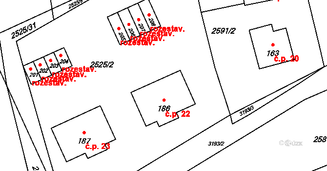 Mokrý Lom 22 na parcele st. 186 v KÚ Mokrý Lom, Katastrální mapa