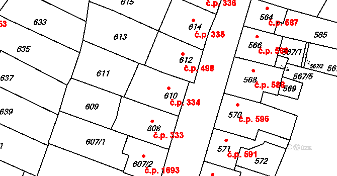 Kadaň 334 na parcele st. 610 v KÚ Kadaň, Katastrální mapa