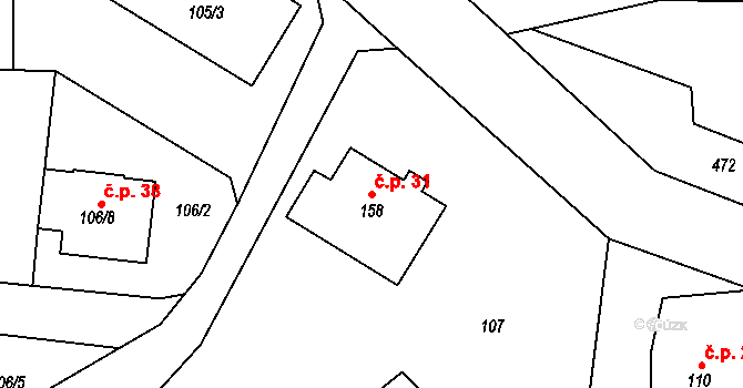 Kozlany 31 na parcele st. 158 v KÚ Kozlany, Katastrální mapa