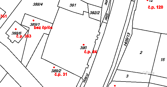 Pudlov 84, Bohumín na parcele st. 390 v KÚ Pudlov, Katastrální mapa