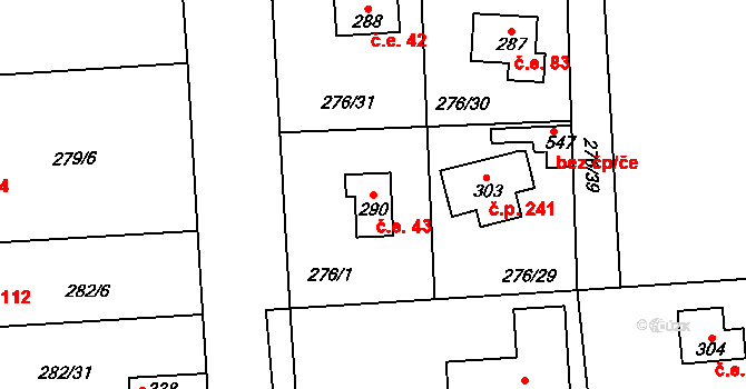 Lhota 43 na parcele st. 290 v KÚ Lhota u Dřís, Katastrální mapa