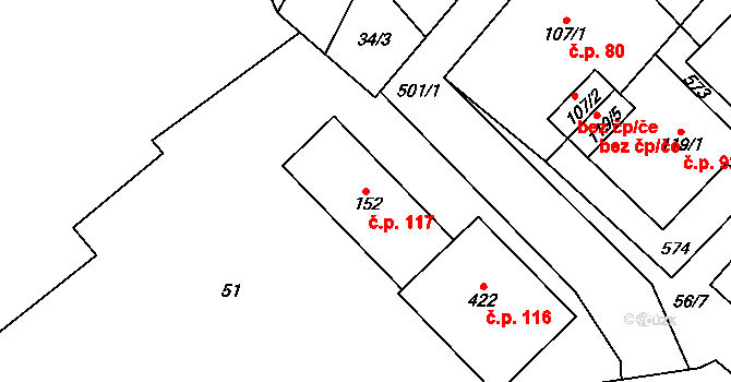 Šindelová 117 na parcele st. 152 v KÚ Šindelová, Katastrální mapa