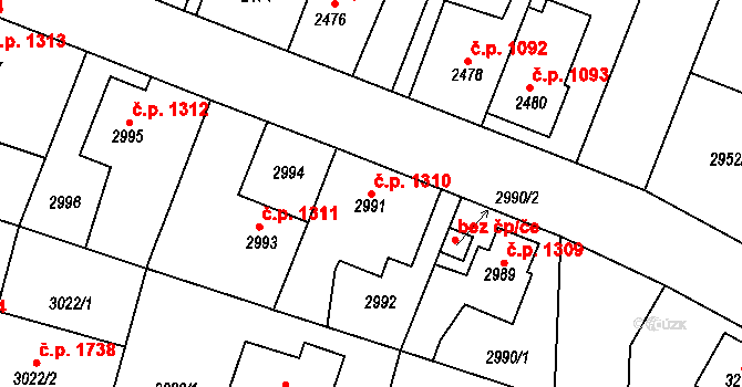 Horní Počernice 1310, Praha na parcele st. 2991 v KÚ Horní Počernice, Katastrální mapa