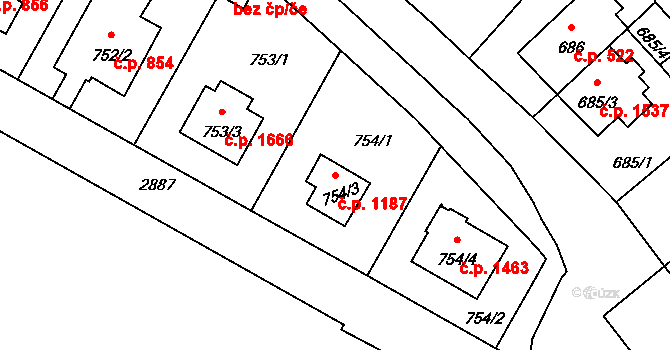 Braník 1187, Praha na parcele st. 754/3 v KÚ Braník, Katastrální mapa