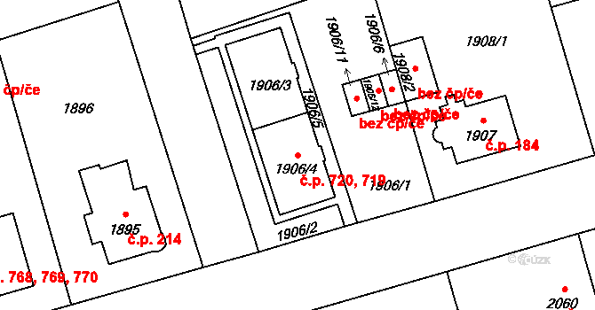 Ruzyně 719,720, Praha na parcele st. 1906/4 v KÚ Ruzyně, Katastrální mapa