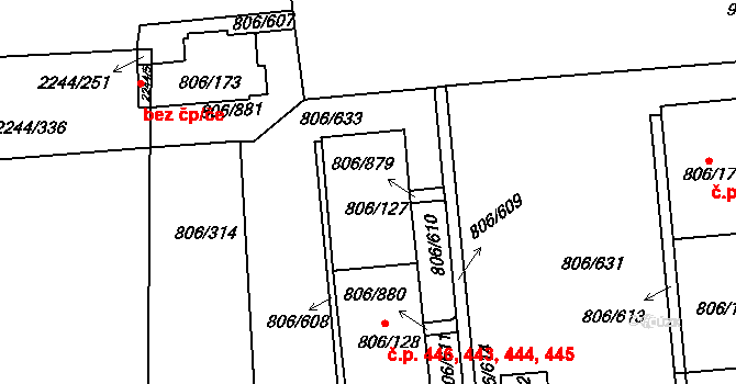 Malešice 443,444,445,446, Praha na parcele st. 806/127 v KÚ Malešice, Katastrální mapa