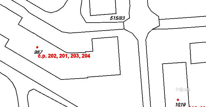 Příbram VII 201,202,203,204, Příbram na parcele st. 987 v KÚ Březové Hory, Katastrální mapa